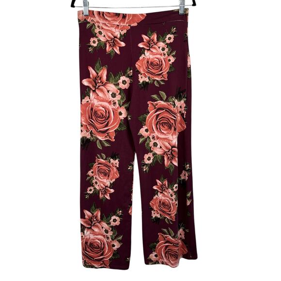 Maroon Floral High Rise Front Slit Wide Leg Pull On Palazzo Legging Pants M/L - Picture 2 of 12